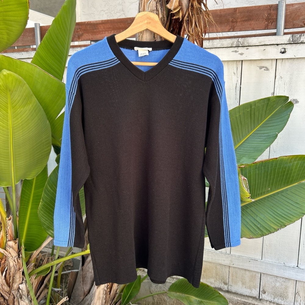 Vintage 90s Glory US Black Blue V-Neck Sweater Made in USA Medium